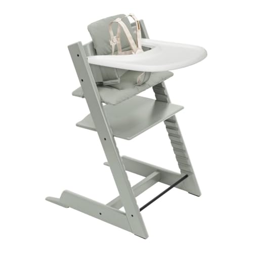 Stokke Tripp Trapp High Chair 2 (Glacier Green), Cushion 2 (Glacier Green) + Stokke Tray (White) - Includes Chair + Baby Set 2 with Removable Harness for Children 6-36 Months