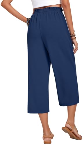 Image of Anyhold Women's Capri Pants Drawstring Casual Palazzo Trousers with Pockets Loose High Waisted Wide Leg Lounge Pants