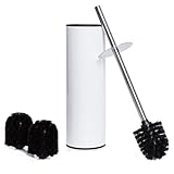 Lieferumfang: 1 x Bamodi Toilettenbürste aus Edelstahl mit Behälter / Mit Spritzschutz für trockene Hände / Inklusive 2 Bürstenköpfe / In Weiß