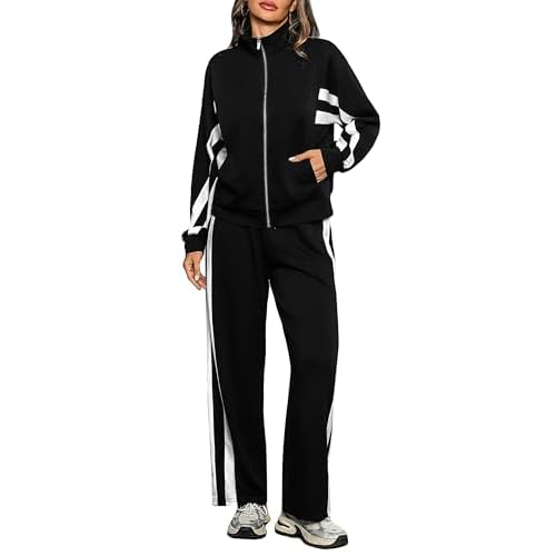 Totatuit Womens 2 pieces Sweatsuit Sets Zip Up Sweatshirts and Sweatpants Tracksuit Lounge Set Travel Outfits with Pocktes Medium Black