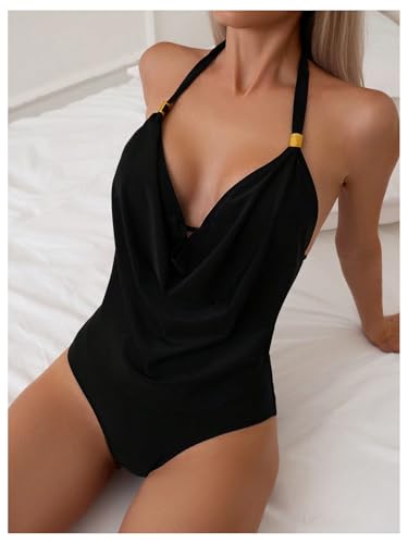 Verdusa Women's 2 Piece Tankini Set Drape Neck Tie Back Halter Top with Bottom Swimsuit3