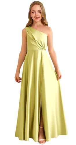 KushyShoo One Shoulder Satin Flower Girls Dresses Long Lemon Sorbet Bowknot Pleated Satin Split Junior Bridesmaid Dress for Teens US6