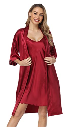 Women's Satin Robes Set with Nightgown Silk Kimono Pajamas 2 Piece Sleepwear Camisole Wedding Bride Gown Set2