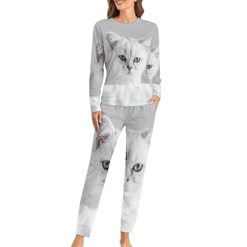 Pyjama femme chat blanc t-shirt manches longues pantalon vêtement nuit sleepwear