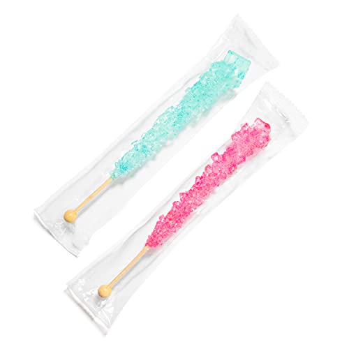 Candy Envy - Light Blue and Light Pink Rock Candy Sugar Sticks - 12 Indiv. Wrapped - Cotton Candy & Cherry Flavored