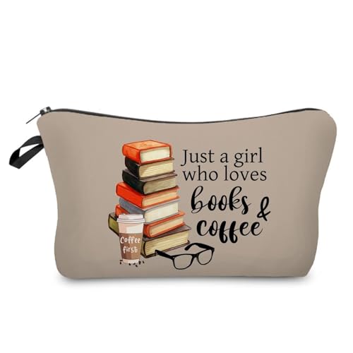 Livel lhood Just Love Books And Coffee Cosmetic Bag for Women - Travel Accessory - Durable Polyester - Zipper Closure - Unisex - Hzt0617 - Coffee Lovers Bookworms Gift