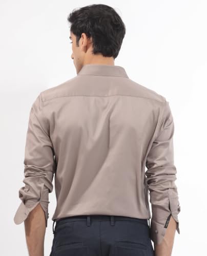 Image of Rare Rabbit Men Regular Fit Solid Beige Satin Long Sleeve Button Shirt