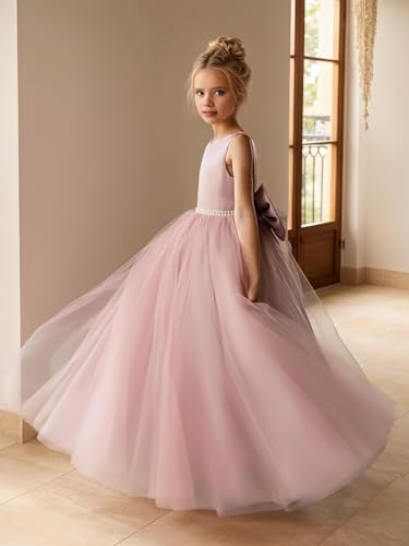 V Back Flower Girl Dresses for Wedding Round Neck Pearl First Communion Dresses with Bow4