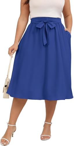 Xpenyo Womens Plus Size Midi Skirts Summer Elastic High Waisted Boho Casual Beach Flowy Swing Knee Length Skirts with Pockets