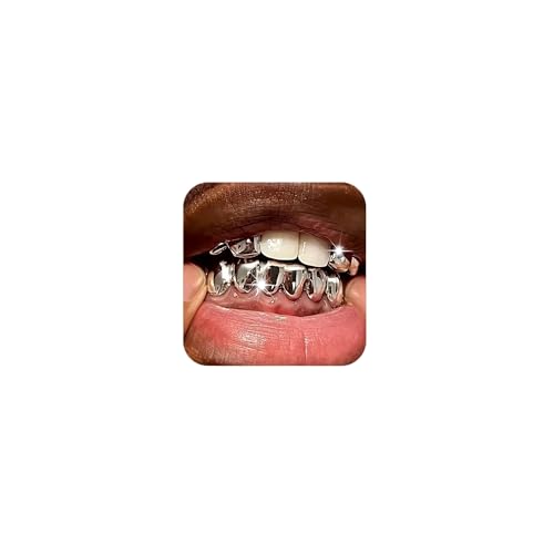 Longita 1 Set Silver Teeth Grillz for Women Grills for Your Teeth Men Silver Tooth Cap Grillz for Women Golden Tooth Jewelry Mouth Grills Hip Hop Rapper Outfits Custom Accessory Halloween Party