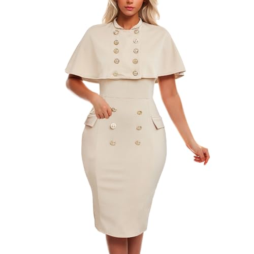 Womens Elegant Pencil Dress with Cape Double-Breasted Work Business Office Casual Cocktail Bodycon Midi Dress Suits2