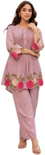 Women's Embroidered Floral Suit Set, Lilac Purple, 2 Piece Tunic and Pants, Traditional Pakistani Style