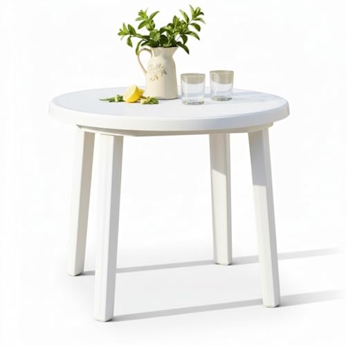 COSHANO Mesa de Jardín Redonda 90cm de Resina Auxiliar Exterior desmotable portátil, Camping, terraza, Acampada, Playa. Color Blanco