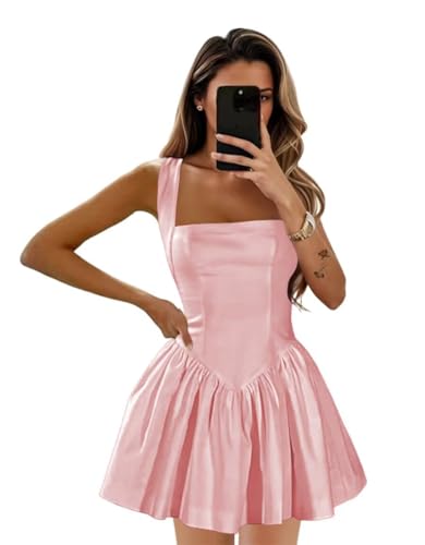 lkmnn Satin Homecoming Dress Short for Teens Square Neck Prom Dress for Women A Line Pink Cocktail Pary Dress 0