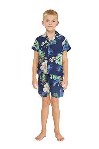 Matching Hawaiian Luau Sibling Boy Girl Wrap Dress Aloha Shirt in Pineapple Garden Navy3