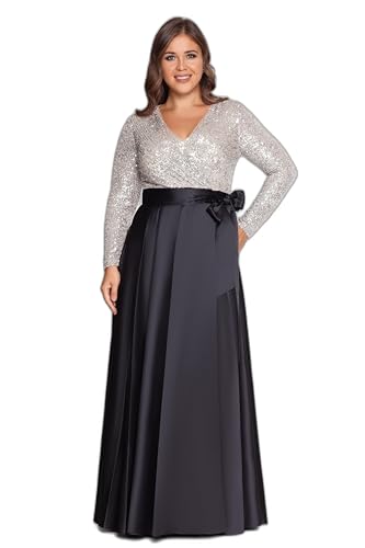 Xscape Women's Plus Size Sequin Long Sleeve Bodice and Satin Skirt V-Neck Floor Length Dress