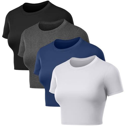 Coume 4 Pack Women's Compression Crop Tops Quick Dry Short Sleeve T Shirt Crew Neck Workout Athletic Shirt Yoga Tight Basic