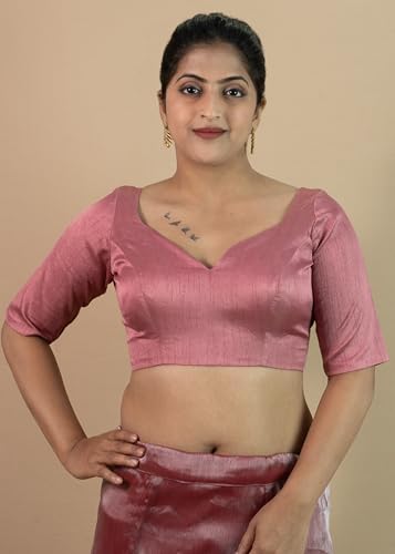 Image of FIGURE'S DESIGNER Women's Dupion Raw Silk Half Elbow Sleeves Sweetheart V Neck Sabyasachi Cut Readymade Saree Blouse S10