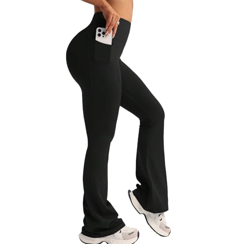 XDSP Pantalones Yoga Acampanados Mujer Cintura Alta Yoga Pants Elasticos Comodos Leggins 2 Bolsillos Opaco Control Barriga Pantalones Deportivos para Pilates Ejercicio Fitness Trabajo Casuales Gym