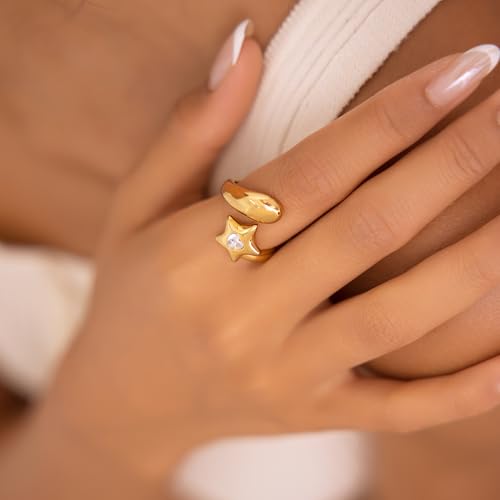 Chunky Gold Rings for Women Stainless Steel Non Tarnish Star&Heart Cubic Zirconia Teardrop Ring 18K Gold Plated Statement Dome Rings Stackable Jewelry for Women2