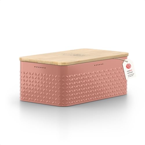 Image of LARS NYSOM Bread Box I Metal Box for long lasting freshness I Bread Bin with bamboo lid usable as cutting board I 13.4x7.7x5.3In (Brick Red)