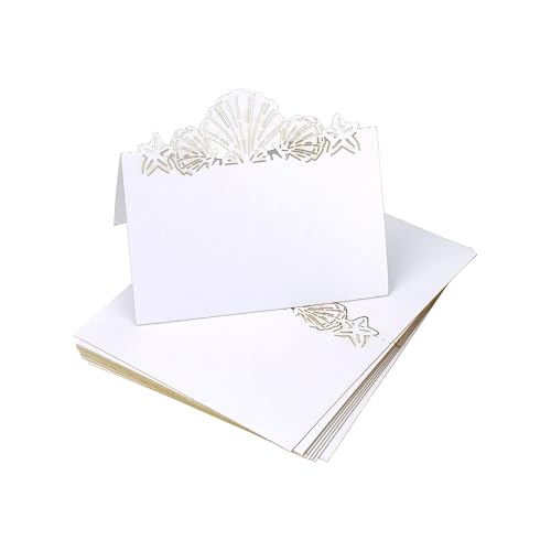 Set of 50 Nautical Place Cards for Table Setting, Seashell and Starfish Cutout Name Cards for Beach Wedding Party Shower, White