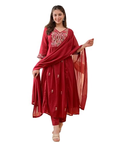 Image of KLOSIA Women Embroidery Solid Anarkali Kurta and Pant Set with Dupatta