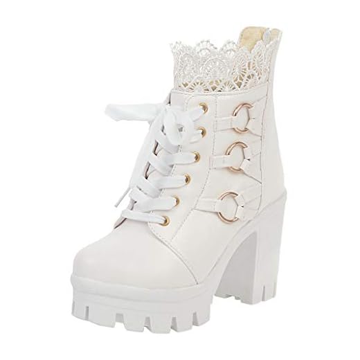 NOLDARES Platform Boots for Women Lace Pure lor Round Toe Block High-Heeled Ankle Wrapped Booties Retro Sexy Short Party Boot, Z7 White, 9.5-10