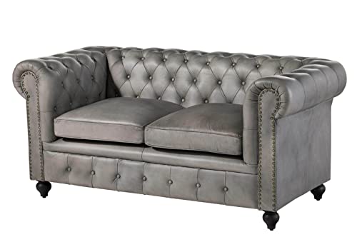 MASSIVMOEBEL24.DE Canapé 2 Places en Cuir véritable Gris Chesterfield #202