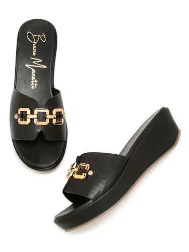 Image of Bruno Manetti Women's Slipon Back Open with Upper Golden Buckle Round Toe Comfort Platform Wedges