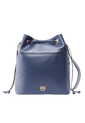 Pinko Borsa Secchiello Mini in Pelle Vitello, Blu Indaco Ombroso, Manico a Spalla, Logo Rondini, Chiusura Coulisse, 32x26x15 cm