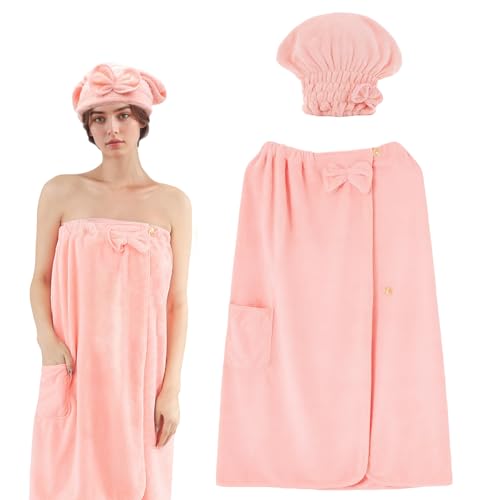 Juadnic Juego de accesorios para sauna para mujer con toalla de sauna de 75 x 135 cm y turbante, cierre de botones, cordón elástico, bolsillos elásticos, toalla de sauna para mujer, toalla de baño