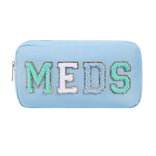 Personalized Chenille Letter Patch MEDS Bag,Cute Nylon Drug Medicine Travel Makeup Bag with Zipper, Preppy Vitamin Organizer Bag for Women and Girls (05Light Blue)