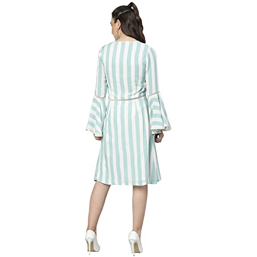 Image of DEEBACO Women's A Line /Fit & Flare Knee Length Dresses for Women Bell Sleeve Printed Striped Dress Midi for Girls Western Lace Dresses (Pink, Blue, Green, Yellow)
