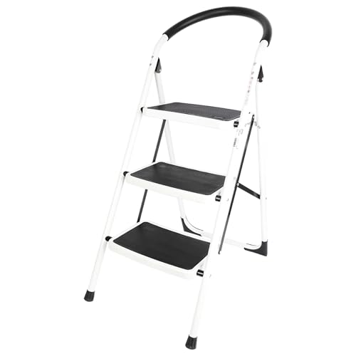 Image of Deli EDL509013 3-Step Iron Ladder with 670mm Height 360x270mm Anti-Slip Foot Cover Pedal Heavy Duty 150Kg Maximum Load Foldable Handgrip Stool for Household Office (1pc)