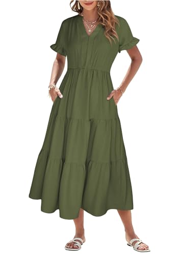 Theenkoln Kleid Damen Sommer Blusenkleid Elegant V-Ausschnitt Kurzarm Sommerkleid Lang Strandkleid Midikleid Freizeitkleider Armeegrün L