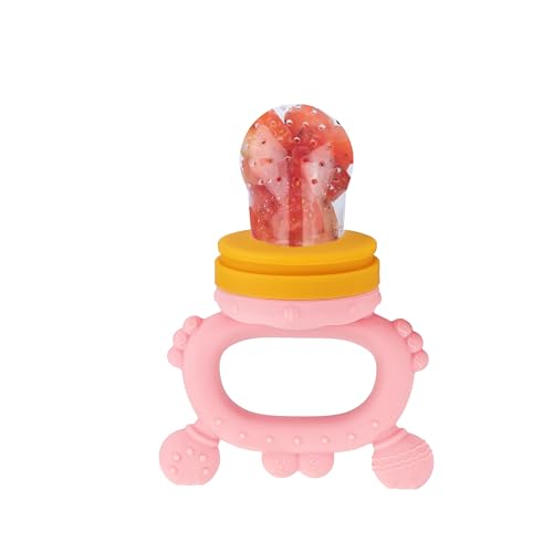 Image of BabyGo Silicone Baby Crab Nibbler & Teether with Rattle Handle | Soft Feeding Feeder for Fruits | Easy Grip Self-Feeding Teething Pacifier & Teether for Babies 6-12 Months | Multicolour | Pack of 1