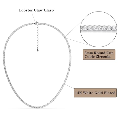 3mm Tennis Necklaces for Women, Adjustable length 14K White Gold Plated Thin Round Cubic Zirconia Classic Diamond Tennis Necklace for Women/Men, Size 16/18/20/22/24 inch2