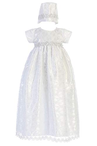 Swea Pea & Lilli Cassandra White Shiny Satin & Lace Christening Dress w/Silver Waist Trim (White, 6-12 M)
