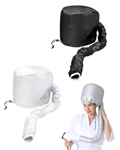 FUGLUS 2 pezzi Cuffia Asciugacapelli, Casco per Asciugatura con Elastico per Attacco Phon, Casco per Capelli da Casa per Phon per La Profondo Cura Dei Capelli(nero + argento)