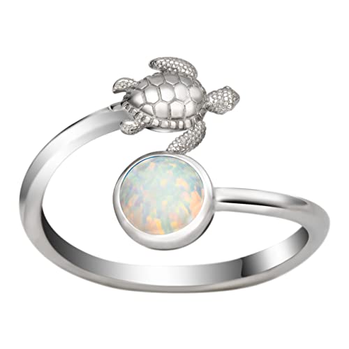 Aloha Jewelry Company Sterling Silver Created Opal Turtle And Moon Adjustable Easy Resize Wrap Around Bypass Ring Eternity Band (White Opal, 7.5 - 13) (Emvssrbpobtm) #TOP23