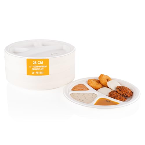 Clazkit 11 Inch 25 Pack, 4 -Compartment Disposable Bagasse Plates | Eco-Friendly, Biodegradable, Sugarcane Paper Plates | for Serving Dinner | Birthday, Wedding & Party | Round, White