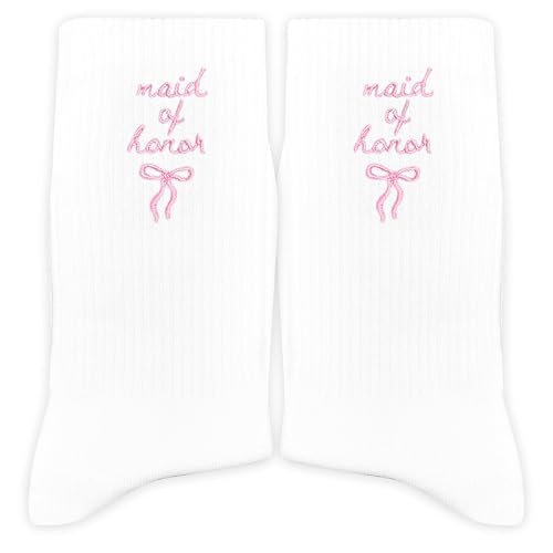 PSBGPC Maid of Honor Embroidered Socks with Pink Bow - Wedding Party Gifts for Maid of Honor, Bride...