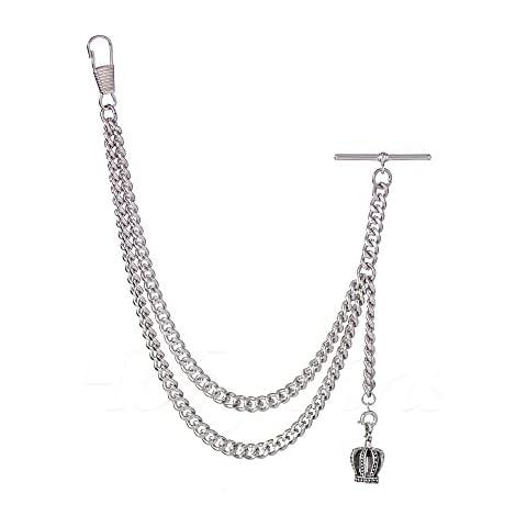 Holy Sins Jewellery Handmade in The UK Silver Colour Albert Pocket Watch Chain with Crown Pendant (12") Cover