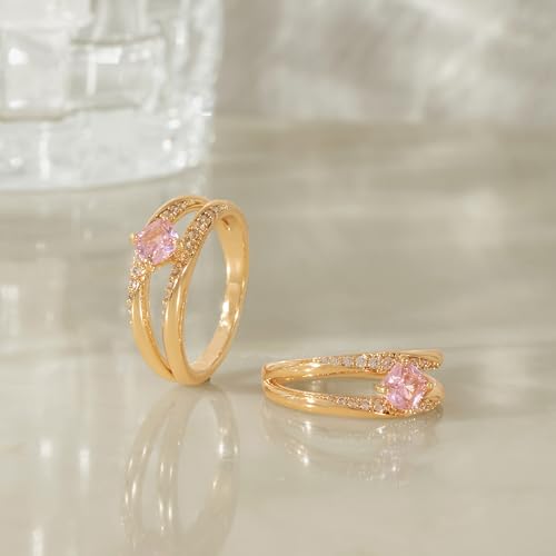 Bubble Wedding Rings Pink Stone Cubic Zirconia CZ Eternity Ring for Women, Gold Plated Ring Jewelry Size 6-8