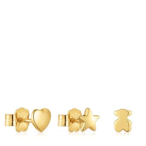 TOUS Pack de Tres Pendientes para Mujer con Baño de Oro 18 Kt sobre Plata de Primera Ley Motivos, Colección Bold Motif
