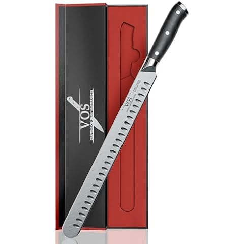 Vos 12'' Carving & Brisket Knife - Razor Sharp German Steel Butcher & Slicing Knife with Ergonomic Handle - Perfect for Meat, Bread, Cheese - Gift Box Included - BBQ & Kitchen Essential Cover