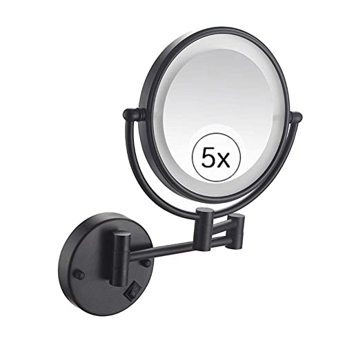Espejo de maquillaje de montaje en pared con luz LED de doble cara con aumento de 5X, espejo de...
