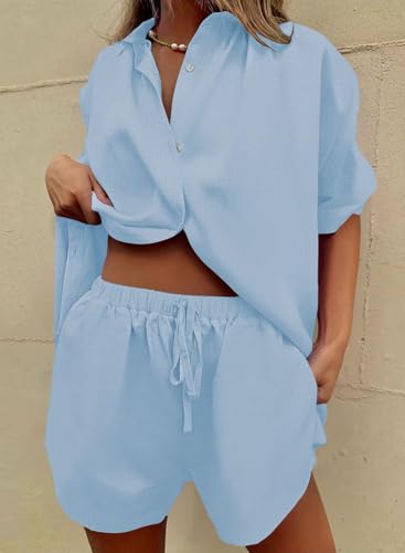 Image of Fixmatti Women 2 Piece Outfits Long Sleeve Button Down Blouse and Shorts Sweatsuit Sets
