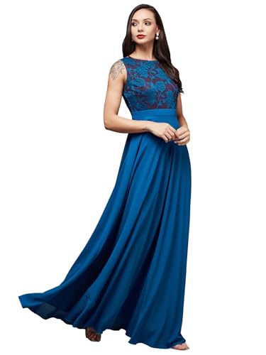Image of Miss Chase Women's V-Neck Full Sleeve Self Design Lace-Overlaid Georgette Maxi Dress